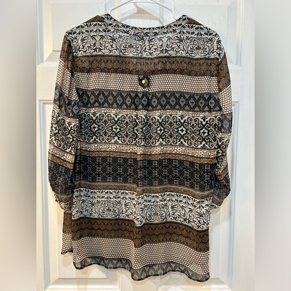 Women's Semi Sheer Fall Boho Print Blouse Size L Hippie Cottage Casual Metallic - Picture 2 of 9